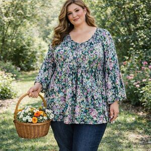 Floral & Ivy Top Size 3X Colorful Boho Peasant Cottagecore Long Sleeve Blouse